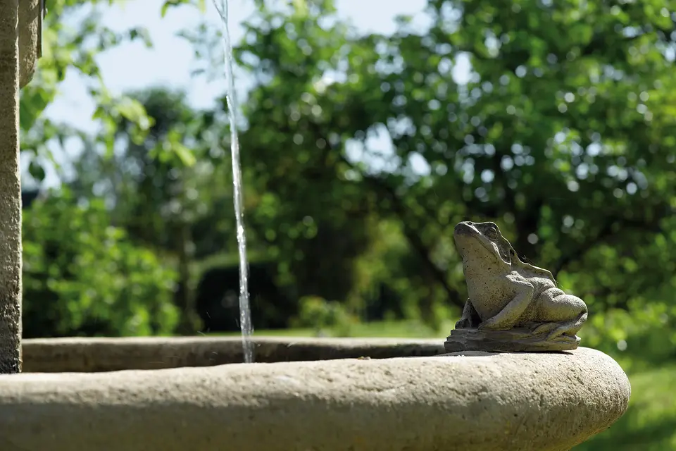 Wasserstrahl und steinerner Frosch am Brunnen im Garten des Weinberghauses