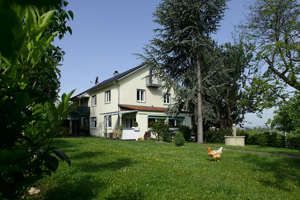 Das Weinberghaus von der Gartenseite mit Balkonen und Terrasse, davor Rasen mit einem Huhn und hohe Bäume