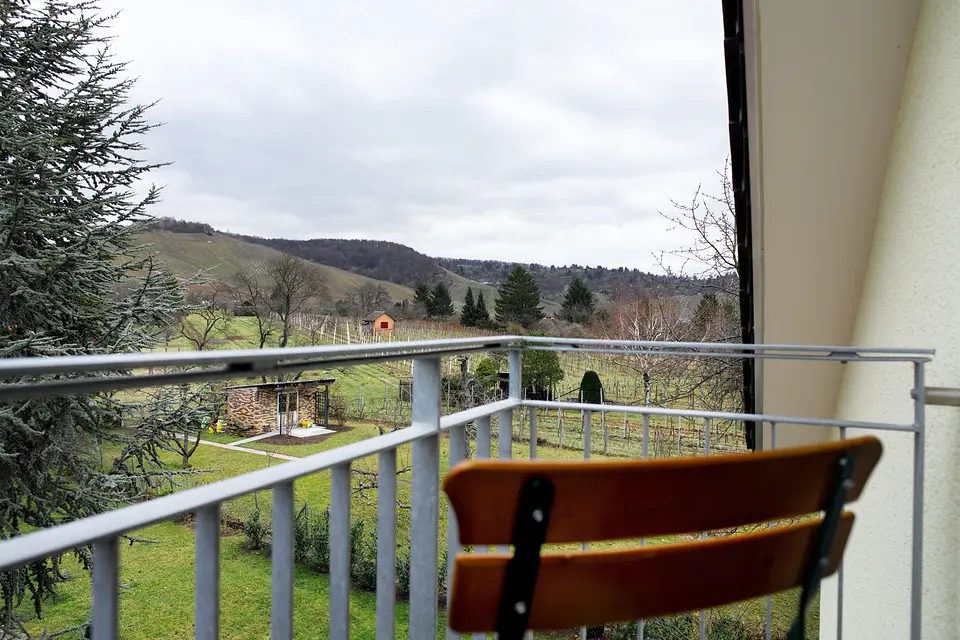 Kleiner Sitzbalkon des Weinberg-Zimmers mit Blick auf die Weinberge und die Hügel
